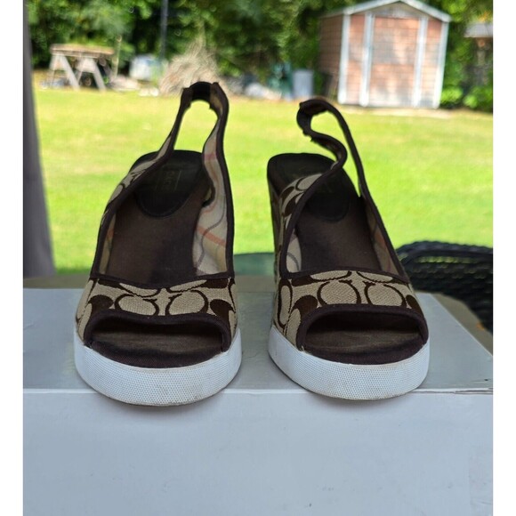 Coach Signature Open Toe Heels Sling Wedge Sydney Sandals Brown Pre-Owned 10M - Picture 2 of 5